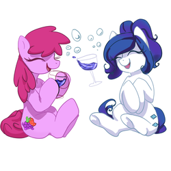 Size: 1000x1000 | Tagged: safe, artist:aruva-chan, berry punch, berryshine, rarity, g4, alternate hairstyle, berrity, drink, duo, duo female, female, glass, lesbian, mare