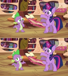 Size: 1280x1442 | Tagged: safe, artist:capnpea, edit, edited screencap, screencap, spike, twilight sparkle, dragon, pony, unicorn, g4, magical mystery cure, book, female, fimbriae, golden oaks library, horsehead centerpiece, magic, male, mare, multiple limbs, shrug, unicorn twilight, wat