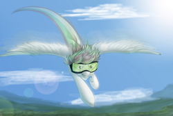 Size: 1500x1000 | Tagged: safe, artist:technoiogiic, rainbow dash, g4, day, eyes open, flying, goggles, rainbow trail, sky, solo, spread wings, sunlight, teeth, trail, wings