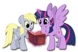 Size: 1728x1152 | Tagged: safe, artist:zoidledoidle, derpy hooves, twilight sparkle, alicorn, pony, g4, book, female, magic, mare, twilight sparkle (alicorn)