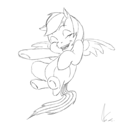 Size: 637x645 | Tagged: safe, rainbow dash, pony, g4, female, filly, filly rainbow dash, floating, flying, laughing, monochrome, pointing, sketch, solo