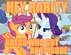 Size: 688x528 | Tagged: safe, rarity, scootaloo, g4, frown, image macro, meta, open mouth, orange text, smiling, unamused, wide eyes