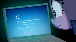 Size: 900x500 | Tagged: safe, artist:hotdiggedydemon, twilight sparkle, pony, g4, blue screen of death, computer, female, laptop computer, microsoft windows, sad, solo, stop error, windows 8