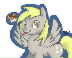 Size: 412x333 | Tagged: safe, artist:danigrillo, derpy hooves, pegasus, pony, g4, female, mare, muffin, solo, tongue out