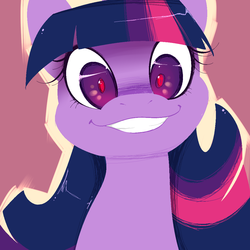 Size: 1100x1100 | Tagged: safe, artist:kittentoots, twilight sparkle, pony, g4, female, missing horn, reaction image, red pupils, smiling, solo, twilight snapple, yandere, yanderelight sparkle
