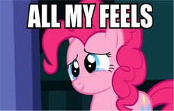 Size: 508x324 | Tagged: safe, edit, edited screencap, screencap, pinkie pie, earth pony, pony, baby cakes, g4, all my feels, crying, female, image macro, reaction image, solo, teary eyes