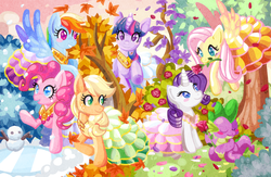 Size: 1000x652 | Tagged: safe, artist:drunkpugs, applejack, fluttershy, pinkie pie, rainbow dash, rarity, spike, twilight sparkle, g4, clothes, dress, mane seven, mane six