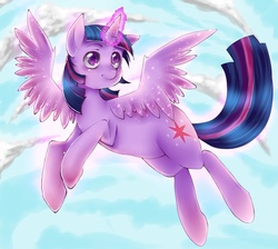 Size: 900x808 | Tagged: safe, artist:kalsmi, twilight sparkle, alicorn, pony, g4, female, flying, mare, sky, solo, spread wings, twilight sparkle (alicorn), wings