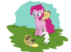 Size: 800x582 | Tagged: safe, artist:gor1ck, angel bunny, harry, owlowiscious, pinkie pie, bear, bird, owl, pig, g4, partial background, pig nose, piggie pie, winnie the pooh