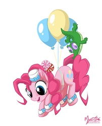 Size: 992x1227 | Tagged: safe, artist:mysticalpha, gummy, pinkie pie, alligator, earth pony, pony, g4, balloon, female, flying, hat, mare, open mouth, signature, simple background, then watch her balloons lift her up to the sky, white background