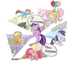 Size: 1400x1197 | Tagged: safe, artist:cider, angel bunny, applejack, fluttershy, pinkie pie, rainbow dash, rarity, twilight sparkle, bear, g4, magical mystery cure, my little pony: friendship is magic, balloon, mane six, pinkamena diane pie, rain, swapped cutie marks