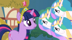 Size: 1280x720 | Tagged: safe, edit, screencap, princess celestia, twilight sparkle, g4, keep calm and flutter on, big crown thingy