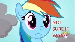 Size: 1366x768 | Tagged: safe, edit, edited screencap, screencap, rainbow dash, pegasus, pony, g4, magical mystery cure, bust, female, frown, mare, not sure if want, text