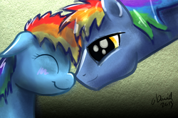 Size: 2500x1667 | Tagged: safe, artist:duh-veed, rainbow blaze, rainbow dash, g4, duo, filly, nuzzling