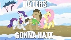 Size: 500x281 | Tagged: safe, edit, edited screencap, screencap, doctor whooves, fluttershy, rarity, time turner, g4, winter wrap up, clothes, haters gonna hate, image macro, singing, snow, song, vest, winter wrap up vest