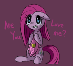 Size: 1321x1201 | Tagged: safe, artist:maren, pinkie pie, earth pony, pony, g4, apron, clothes, crying, cute, cuteamena, dialogue, engrish, female, grammar error, pinkamena diane pie, pixiv, simple background, solo