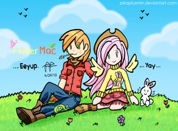 Size: 1762x1305 | Tagged: safe, artist:pikaplusmin, angel bunny, big macintosh, fluttershy, g4, clothes, cute, female, humanized, male, ship:fluttermac, shipping, skirt, straight, winged humanization, yay