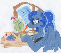 Size: 1088x950 | Tagged: safe, artist:foxxy-arts, princess luna, pony, g4, alternate hairstyle, book, female, mirror, ponytail, quill, reflection, scroll, solo, traditional art