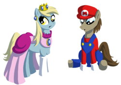 Size: 2877x2025 | Tagged: safe, artist:samsally, derpy hooves, doctor whooves, time turner, pegasus, pony, g4, cosplay, crossover, derpypeach, female, male, mare, mario, nintendo, princess peach, ship:doctorderpy, shipping, simple background, stallion, straight, super mario bros., transparent background