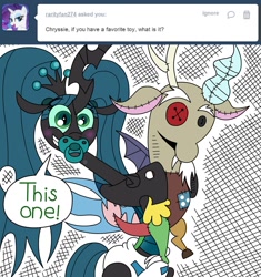 Size: 1280x1360 | Tagged: dead source, safe, artist:jay muniz, discord, queen chrysalis, ask crinkle bottom chrysalis, g4, adult foal, diaper, diaper fetish, non-baby in diaper, pacifier, plushie, tumblr