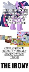 Size: 500x1250 | Tagged: safe, edit, edited screencap, screencap, derpy hooves, twilight sparkle, alicorn, pegasus, pony, g4, magical mystery cure, season 3, alicorn drama, derpygate, female, image macro, irony, mare, misspelling, simple background, twilight sparkle (alicorn), white background