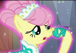 Size: 1018x720 | Tagged: safe, screencap, fluttershy, pony, g4, green isn't your color, alternate hairstyle, clothes, dress, female, magic, magic aura, modelshy, nose picking, solo