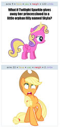 Size: 266x568 | Tagged: safe, applejack, princess skyla, g4, exploitable meme, juxtaposition, juxtaposition win