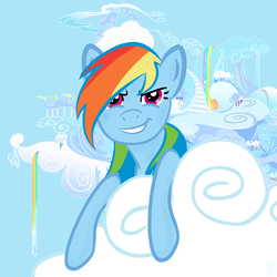 Size: 800x800 | Tagged: safe, artist:feifeiji, rainbow dash, pegasus, pony, g4, cloud, cloudsdale, female, looking at you, mare, solo