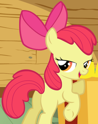 Size: 422x529 | Tagged: safe, artist:jan, apple bloom, earth pony, pony, ask the crusaders, comic:the presents, g4, apple bloom's bow, bedroom eyes, bipedal, bipedal leaning, blank flank, bow, butt, female, filly, foal, golden eyes, hair bow, i can't believe it's not hasbro studios, leaning, looking back, open mouth, plot, present, raised hoof, raised leg, red hair, red mane, red tail, show accurate, solo, tail, tumblr, underhoof, yellow body, yellow coat, yellow fur, yellow pony