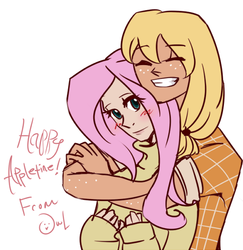 Size: 500x515 | Tagged: safe, artist:brightworks, applejack, fluttershy, human, g4, blushing, female, hug, humanized, lesbian, missing accessory, ship:appleshy, shipping