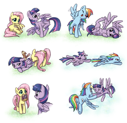 Size: 1320x1278 | Tagged: safe, artist:pimmy, fluttershy, rainbow dash, twilight sparkle, alicorn, ferret, pegasus, pony, g4, assisted preening, basket, blushing, brush, comic, crashlight, cute, dashabetes, eyes closed, faic, female, flying, flying lesson, friendshipping, horn, lying down, mare, mouth hold, on side, one eye closed, open mouth, preening, prone, scared, shyabetes, spread wings, teaching, twiabetes, twilight sparkle (alicorn), wings