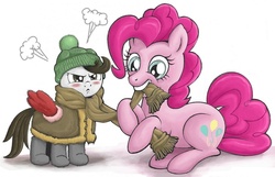 Size: 800x516 | Tagged: safe, artist:gor1ck, pinkie pie, pound cake, g4, boots, bundled up, bundled up for winter, clothes, coat, hat, jacket, overprotective, scarf, wing gloves, winter outfit