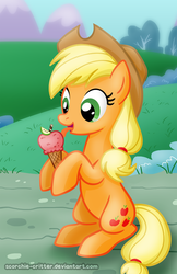 Size: 700x1082 | Tagged: safe, artist:scorchie-critter, applejack, earth pony, pony, g4, apple, cute, female, food, hoof hold, ice cream, jackabetes, mare, sitting, solo
