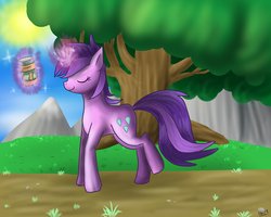 Size: 250x200 | Tagged: source needed, safe, artist:vitafluttershy, amethyst star, sparkler, pony, unicorn, g4, day, eyes closed, female, magic, mare, peanut butter, picture for breezies, solo, sun, that pony sure loves peanut butter, tree