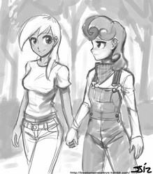 Size: 735x840 | Tagged: safe, artist:johnjoseco, apple cobbler, ginger gold, human, g4, apple family member, female, gingercobbler, grayscale, holding hands, humanized, lesbian, monochrome, overalls, shipping