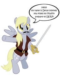 Size: 2550x3300 | Tagged: safe, artist:noxogz, derpy hooves, pegasus, pony, g4, background pony, female, hello, inigo montoya, mare, moustache, my name is inigo montoya, prepare to die, sword, the princess bride, you killed my father