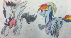 Size: 862x458 | Tagged: safe, artist:akatsuki-yume, rainbow dash, soarin', g4, female, male, ship:soarindash, shipping, straight, traditional art