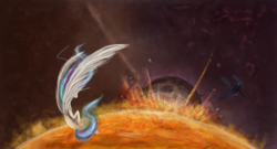 Size: 1800x969 | Tagged: safe, artist:netkarma, princess celestia, princess luna, g4, fight, space