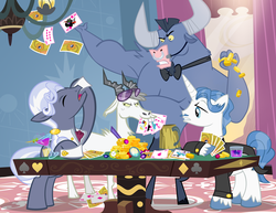 Size: 1000x773 | Tagged: safe, artist:pixelkitties, fancypants, hoity toity, iron will, king sombra, goat, g4, bits, fake screencap, playing card, voice actor joke