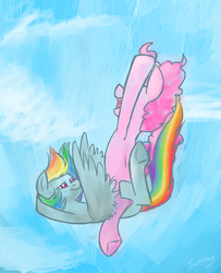 Size: 640x787 | Tagged: safe, artist:sorckylo, pinkie pie, rainbow dash, g4, falling, female, lesbian, ship:pinkiedash, shipping