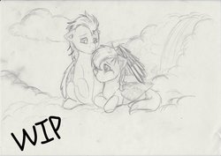 Size: 1024x724 | Tagged: safe, artist:andropov97, rainbow dash, soarin', g4, female, male, ship:soarindash, shipping, sketch, straight, wip