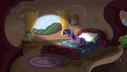 Size: 8960x5119 | Tagged: safe, artist:psyxofthoros, twilight sparkle, pony, g4, absurd resolution, bed, bedroom, feels, female, sad, shading, solo, vector