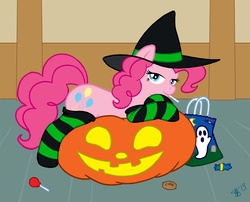 Size: 1116x900 | Tagged: safe, artist:patchworth, pinkie pie, earth pony, pony, g4, candy, clothes, female, halloween, holiday, jack-o-lantern, nightmare night, pumpkin, socks, solo, striped socks, stupid sexy pinkie