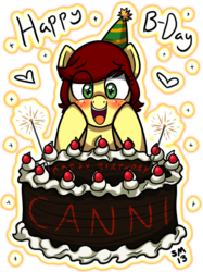 Size: 1936x2592 | Tagged: safe, artist:serenamidori, oc, oc only, oc:canni soda, pony, birthday, cake, open mouth, open smile, smiling, solo