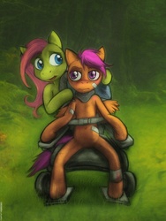 Size: 750x1000 | Tagged: safe, artist:darkdoomer, fluttershy, scootaloo, g4, scootabuse