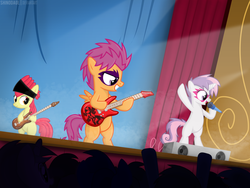 Size: 4320x3240 | Tagged: safe, artist:shinodage, apple bloom, scootaloo, sweetie belle, g4, the show stoppers, band, bandana, bass guitar, concert, cutie mark crusaders, electric guitar, face paint, glam rock, guitar, microphone, musical instrument, rock (music), singing