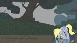 Size: 1920x1080 | Tagged: safe, artist:kigaroth, artist:ocarina0ftimelord, artist:php11, derpy hooves, pegasus, pony, g4, female, mare, rain, reflection, sad, vector, wallpaper
