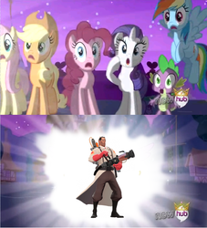 Size: 684x752 | Tagged: safe, applejack, fluttershy, pinkie pie, rainbow dash, rarity, spike, g4, alicorn flash, exploitable meme, hub logo, medic, medic (tf2), meme, team fortress 2