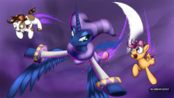 Size: 1920x1080 | Tagged: safe, artist:da-goddamn-batguy, pipsqueak, princess luna, scootaloo, alicorn, earth pony, pegasus, pony, g4, crossover, dream walker luna, flying, nights, nights into dreams, reference, sega, wallpaper