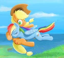 Size: 1000x900 | Tagged: safe, artist:righteous, applejack, rainbow dash, g4, blushing, ship:appledash, shipping